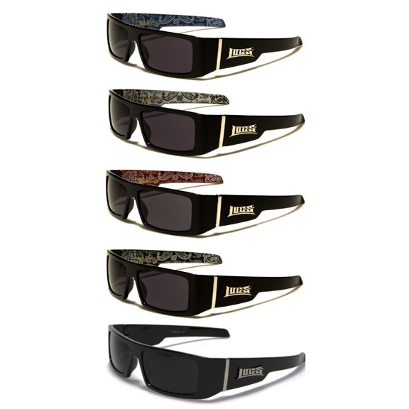 Locs Hardcore 5 PACK 1 Solid Black Pair & 1 Red 1 Silver 1 Blue & 1 White Bandana w/ Black Frame Rectangle Sunglasses FREE SHIPPING