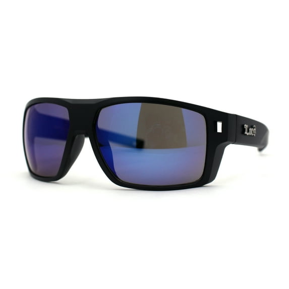 Locs Large Wrap Rectangle Color Mirror Gangster Plastic Sunglasses Black Blue Mirror