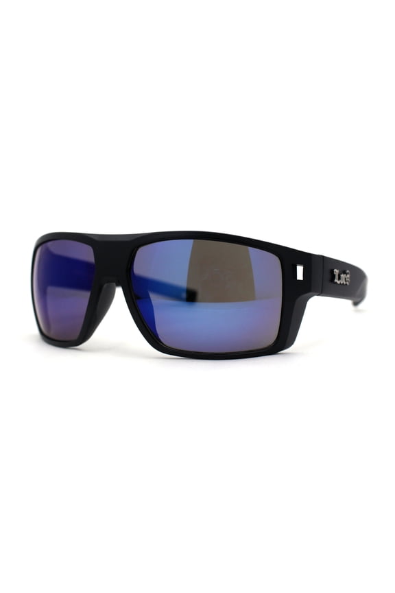 Locs Large Wrap Rectangle Color Mirror Gangster Plastic Sunglasses Black Blue Mirror