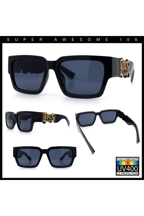 Locs Mens Bold Gothic Logo Thick Arm Horn Rim Gangster All Black Sunglasses [57mm] Black Gold