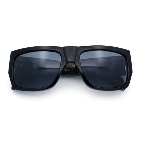 Locs Mens Day of Dead Skull Print Thick Arm Rectangle Horn Rim Sunglasses Black