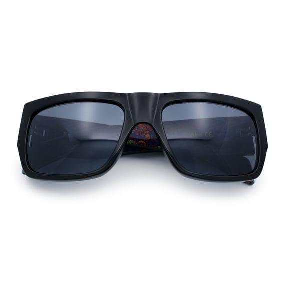 Locs Mens Day of Dead Skull Print Thick Arm Rectangle Horn Rim Sunglasses Fuchsia