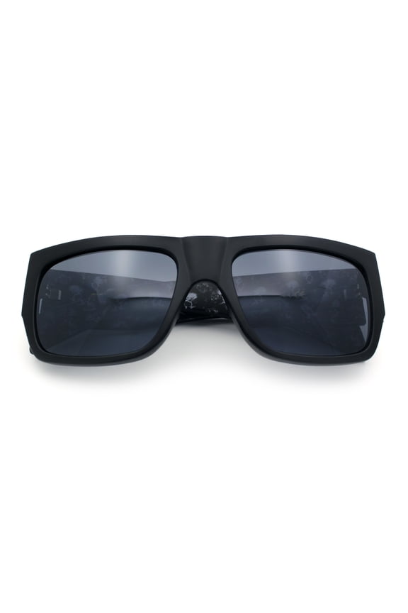 Locs Mens Skull Pattern Arm Thick Temple Rectangle Gangster Sunglasses Matte Black - Dark Skull