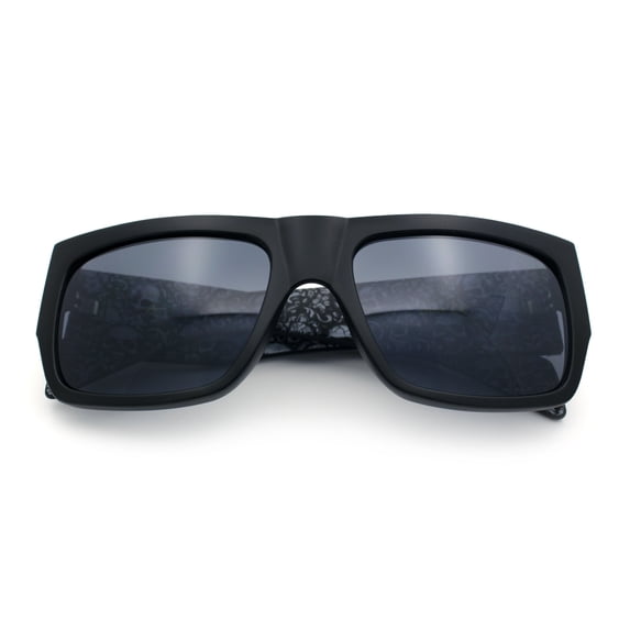 Locs Mens Skull Pattern Arm Thick Temple Rectangle Gangster Sunglasses Matte Black - Light Skull