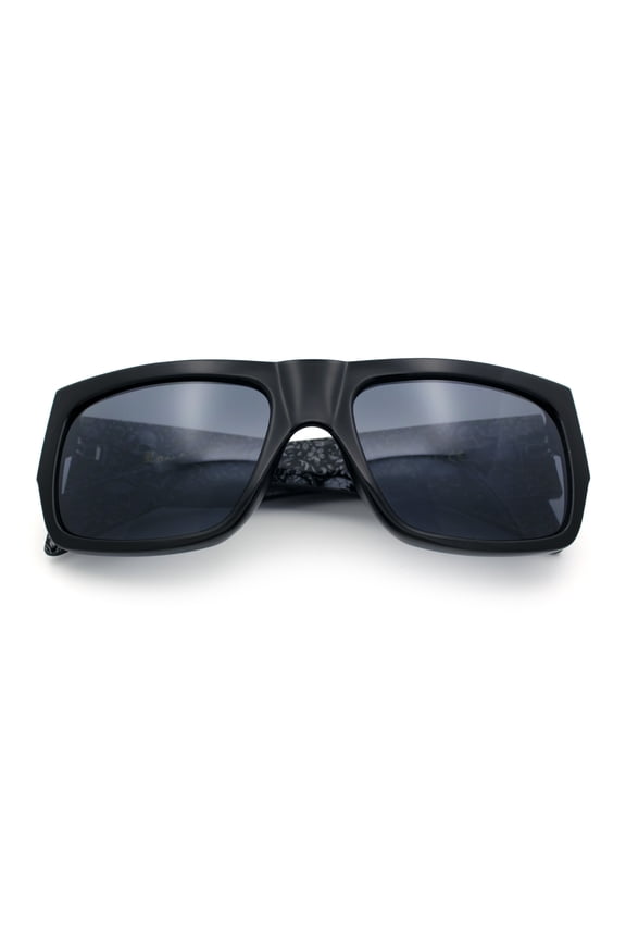 Locs Mens Skull Pattern Arm Thick Temple Rectangle Gangster Sunglasses Shiny Black - Light Skull