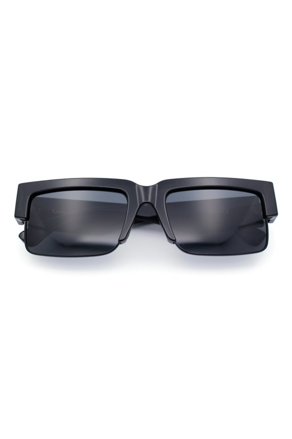 Locs Mens Thick Temple Half Rim Squared Rectangle Gangster All Black Sunglasses Shiny Black