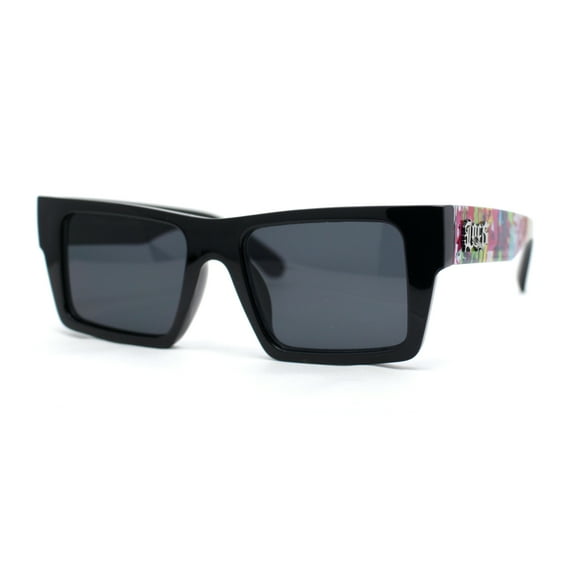 Locs Paint Splatter Arm Squared Rectangular Horn Rim Plastic Gangster Sunglasses Rainbow
