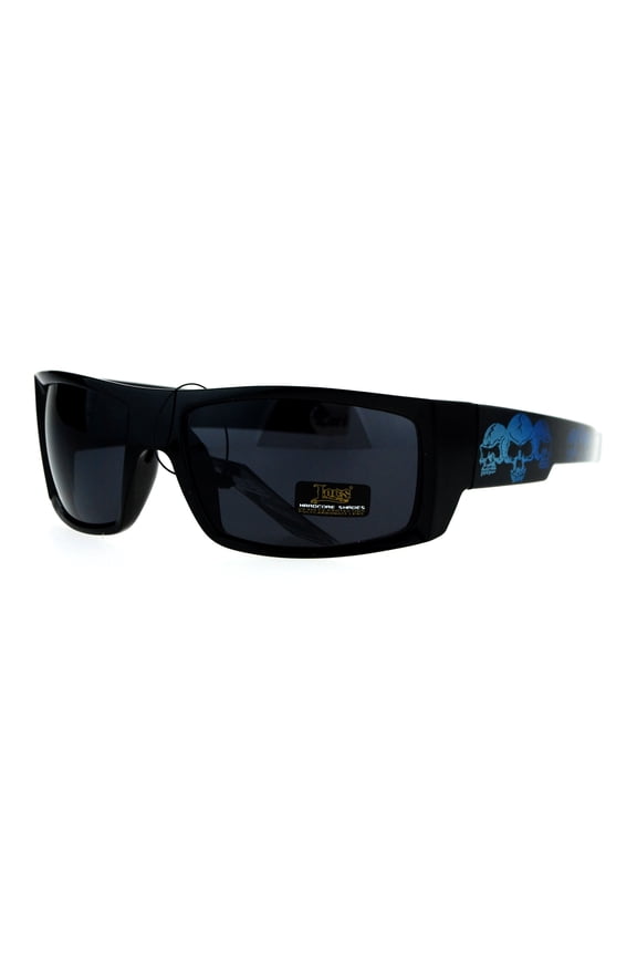 Locs Skull Print Rectangular Gangster Cholo Sport All Black Sunglasses Blue