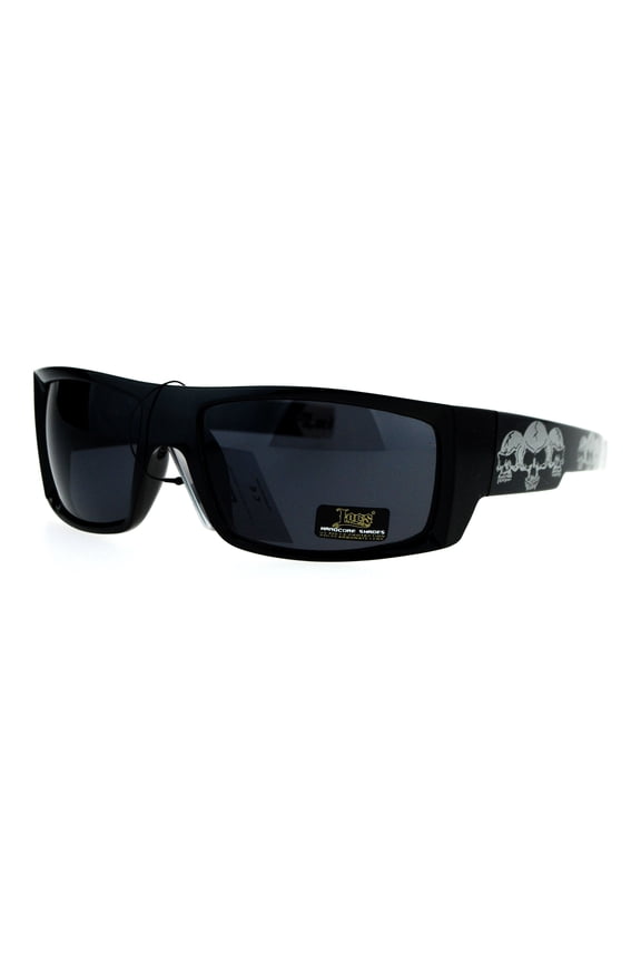 Locs Skull Print Rectangular Gangster Cholo Sport All Black Sunglasses Silver