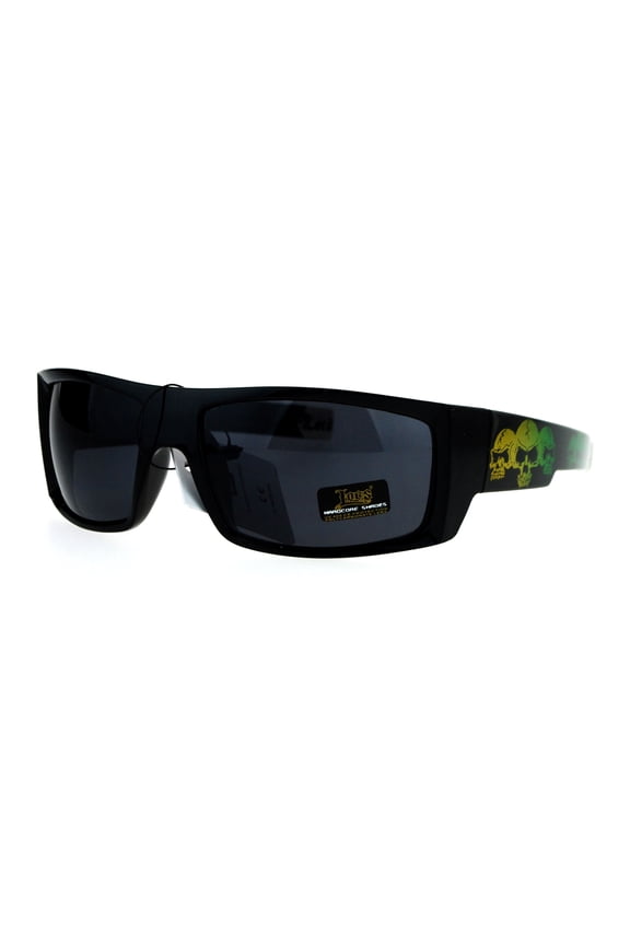 Locs Skull Print Rectangular Gangster Cholo Sport All Black Sunglasses Yellow Green