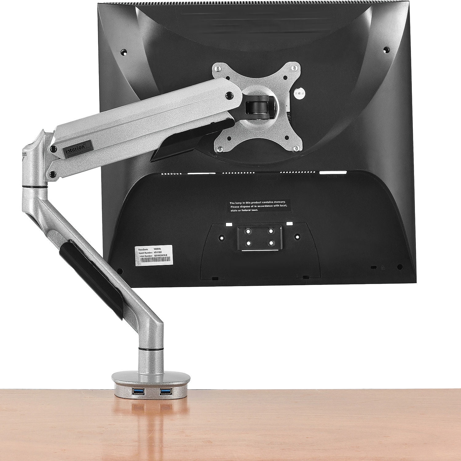Silver Aluminum Single Monitor Desk Mount with USB Ports