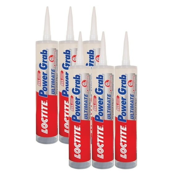 Loctite Power Grab Ultimate Crystal Clear Construction Adhesive - Versatile Construction Glue for Glass, Wood, Metal & More - 9 fl oz Cartridge, 6 Pack