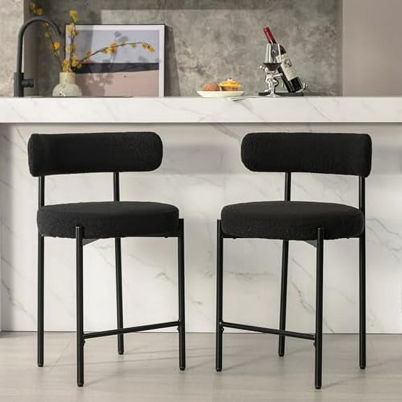 Locus Bono 24" Boucle Counter Stools Set of 2,Black Bar Stools with Backs,Counter Height Bar Stools for Kitchen Island/Kitchen Counter,Upholstered Counter Chairs (Black)