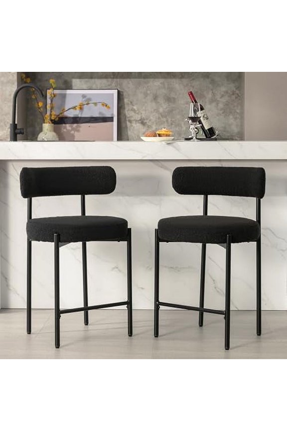 24" Boucle Counter Stools Set of 2,Black Bar Stools with Backs,Counter Height Bar Stools for Kitchen Island/Kitchen Counter,Upholstered Counter Chairs (Black)