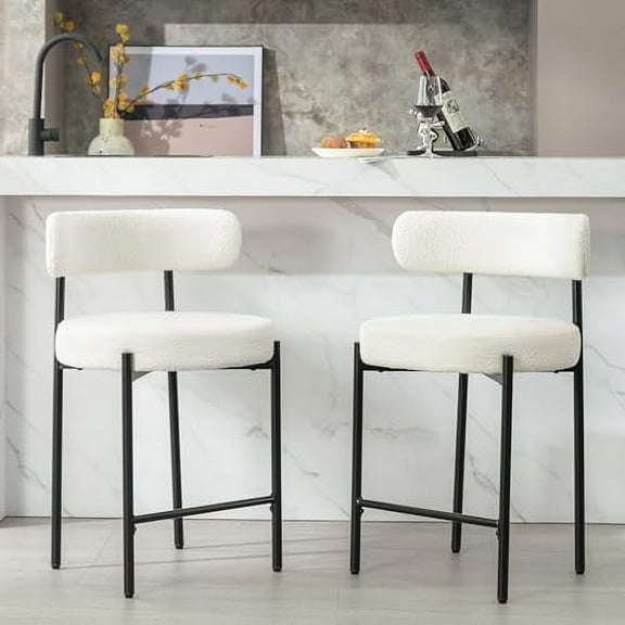 Locus Bono 24" Boucle Counter Stools Set of 2,White Bar Stools with Backs,Counter Height Bar Stools for Kitchen Island/Kitchen Counter,Upholstered Counter Chairs (White)