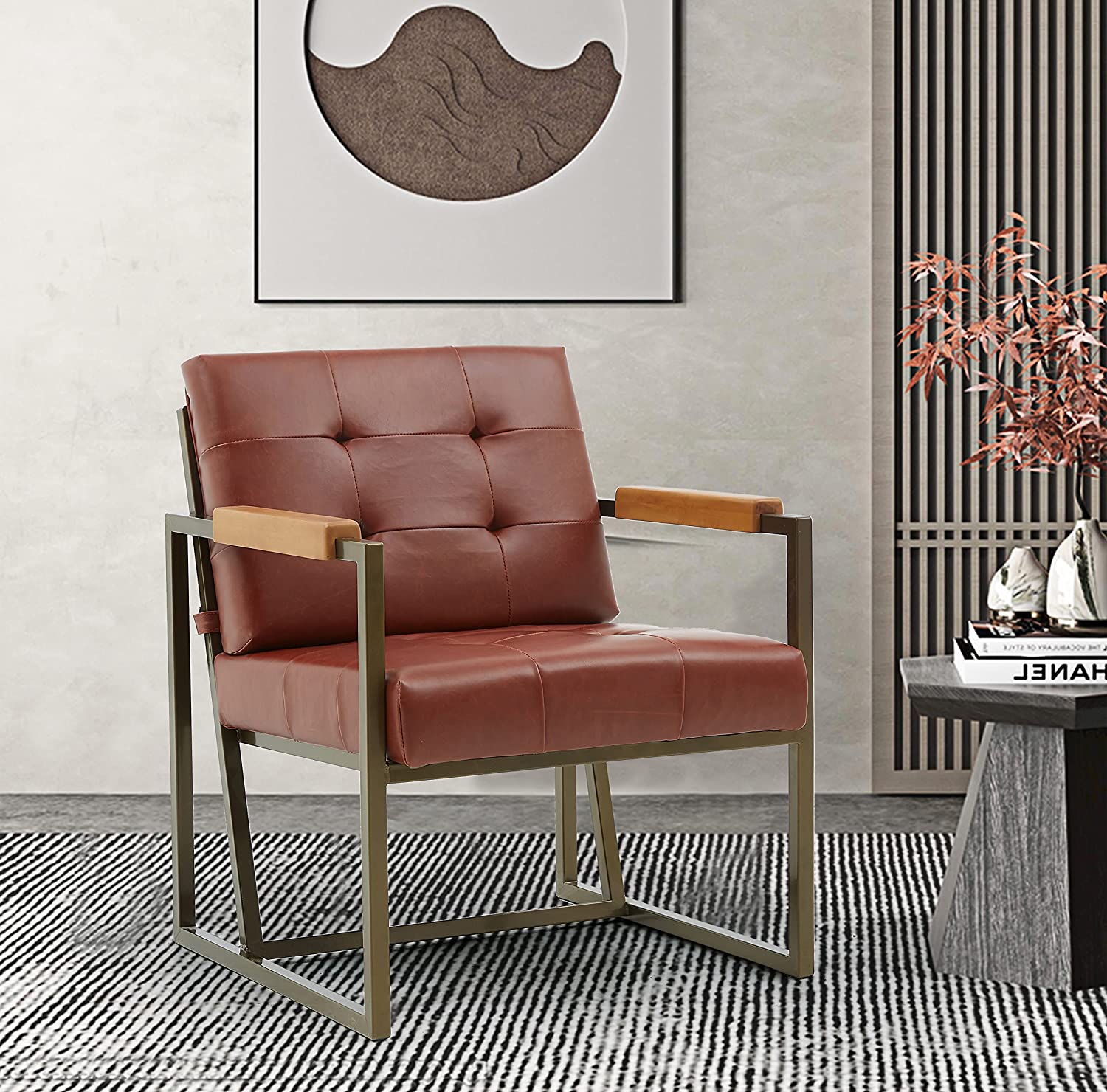 Locus Bono Faux Leather Upholstered Accent Chair with Wood Arm and