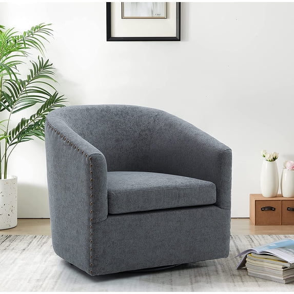 Locus Bono Swivel Accent Chair, Round Barrel Chair for Office, Adult Chair, Linen, Color Grey