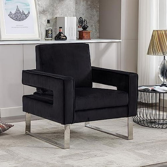 Locus Bono Velvet Arm Chair, Upholstered Lounge Chair Reading Chair for Living Room, Modern Accent Chair for Home Office, Stainless Steel Sliver Base (Black)