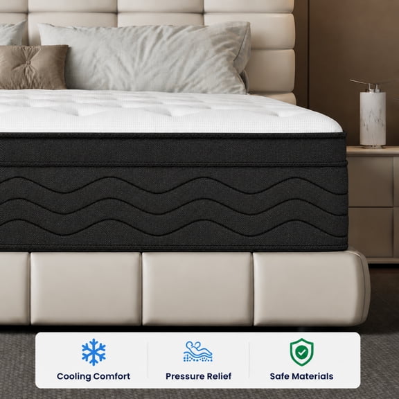 Lodeija 12 inch Queen Cooling Gel Memory Foam Mattress,Pressure Relief with Innerspring, Medium Firm, Safe Materials,CertiPUR-US Certified