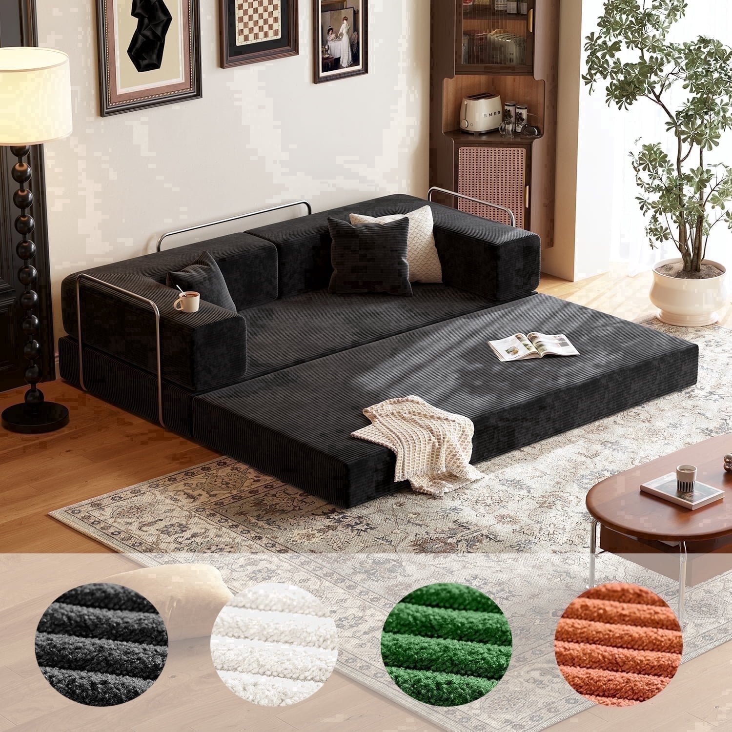 Lodeija 80.3" 5-in-1 Convertible Futon Sofa Bed, Black Corduroy Tatami Sleeper Couch for Small Spaces, 2 Pillows