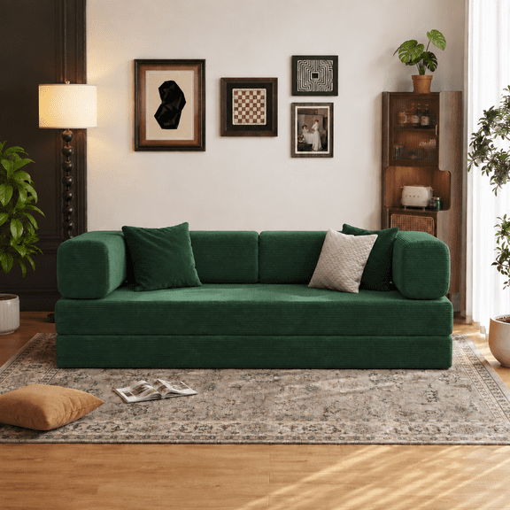 Lodeija 80.3" 5-in-1 Convertible Futon Sofa Bed,Sleeper Couch for Small Spaces and living room, 2 Pillows,Green