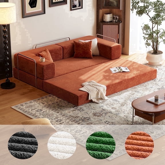 Lodeija 80.3" 5-in-1 Convertible Futon Sofa Bed,Sleeper Couch for Small Spaces and living room, 2 Pillows,Orange
