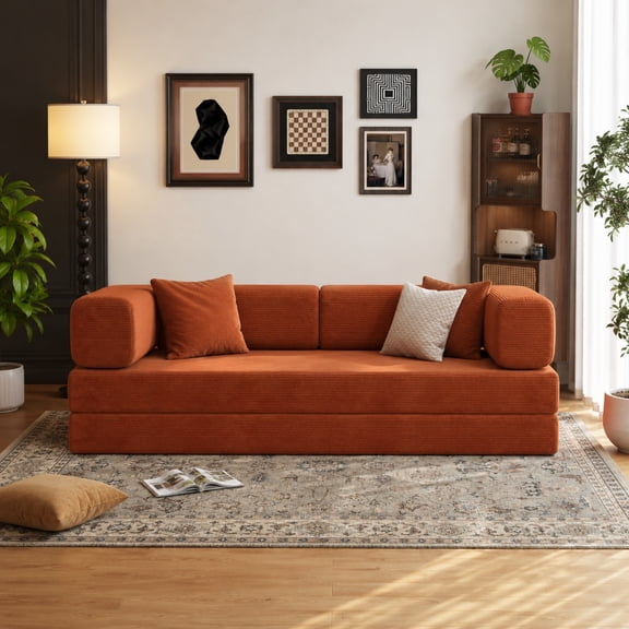 Lodeija 80.3" 5-in-1 Convertible Futon Sofa Bed,Sleeper Couch for Small Spaces and living room, 2 Pillows,Orange