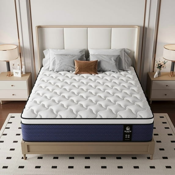 Lodeija Full Mattress 14 inch Memory Foam Box Blue-White Medium Firm Pressure Relief Breathable Comfort and Durable