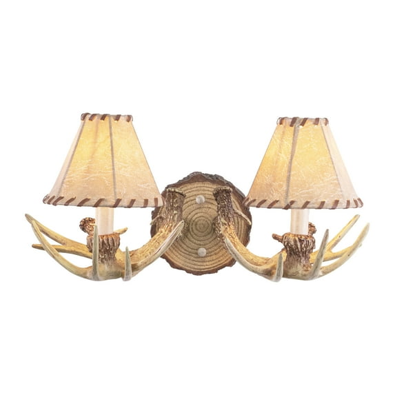 Lodge 2 Light Rustic Wood Antler Armed Wall Sconce Faux Leather Shade