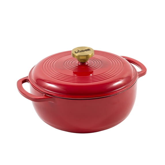 Lodge 4.5 Quart Enameled Cast Iron Dutch Oven with Lid – Dual Handles – Oven Safe up to 500° F or on Stovetop - Use to Marinate, Cook, Bake, Refrigerate and Serve – Ruby with Gold Knob