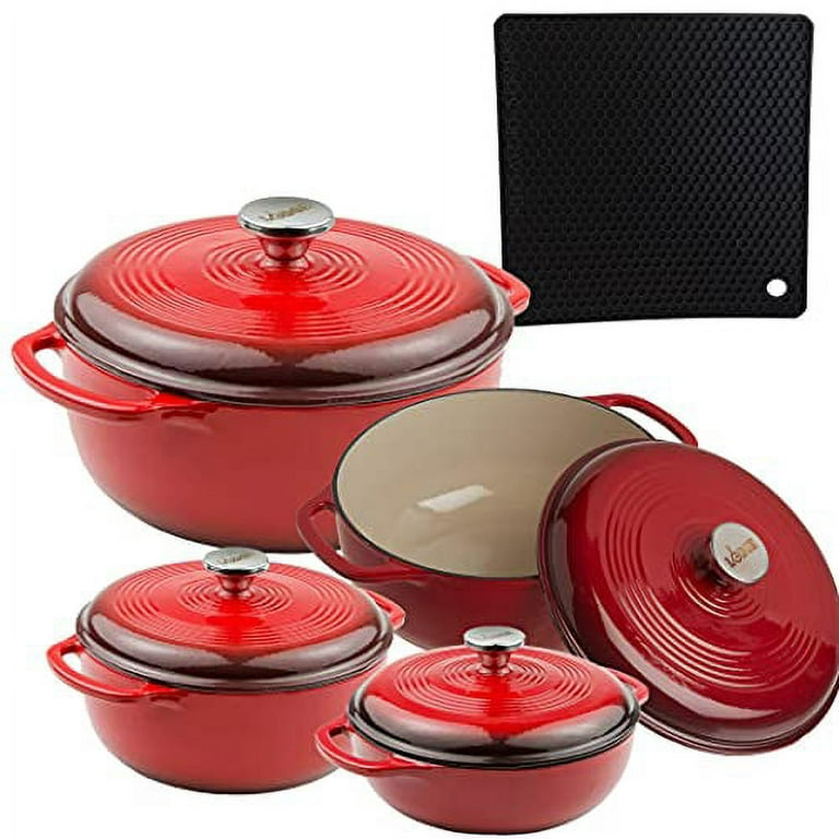 7 PC Enameled Cast Iron Cookware Set - Red