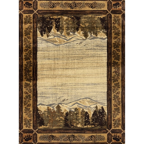 Lodge Area Rug 7'10" X 10'3" - Mountain And Woodland Scenes Polypropylene Fabric Stain Mat For Home House Floor Cover