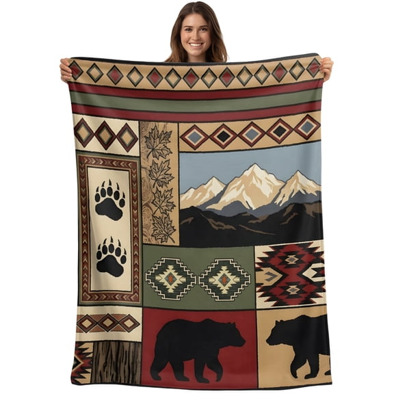 Lodge Bear Cabin Blanket Soft Cozy Warm Throw Blanket for Couch, Plush Fuzzy Flannel Blankets for Sofa, Vintage Brown Buffalo Plaid Boho Bed Blankets Lightweight Gifts for Women, 30"x40"