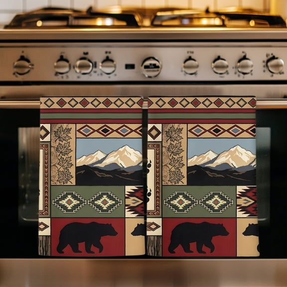Lodge Bear Cabin Kitchen Towels Set of 1, Vintage Brown Buffalo Plaid Boho Absorbent Dish Towels for Kitchen, Microfiber Hand Towel, Quick Drying Tea Towel for Cleaning Decorative Dishcloths