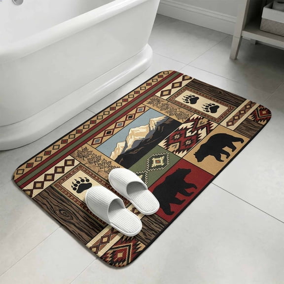Lodge Bear Cabin Washable Area Rugs for Living Room Bedroom, Large Non Slip Indoor Floor Carpet Absorbent Low Pile Vintage Brown Buffalo Plaid Boho Door Mat Rugs for Bathroom Entryway 47.2"x63"