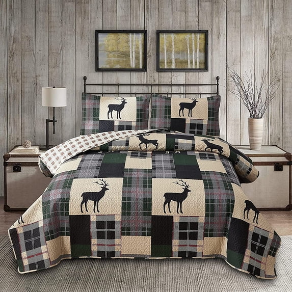 Lodge Bedspread Set King Size Rustic Cabin Quilt Set Deer Bedding sets ...
