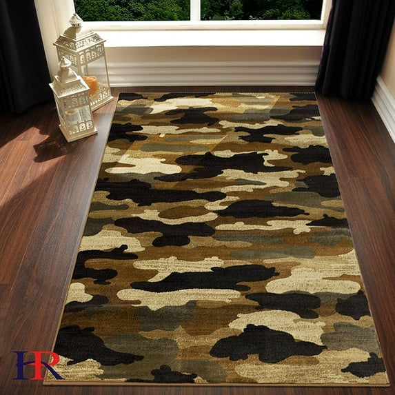 Lodge, Cabin Army Pattern Area Rug - Modern Design Cabin Area Rug - Abstract, Green/Multi-Color-