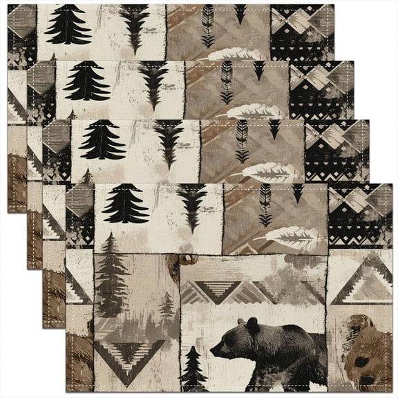 Lodge Cabin Bear Placemats Set of 4 Patchwork Table Mats for Party Kitchen Dining Decoration Rustic Farmhouse Country Place Mat for Table Holiday Decor Indoor Outdoor 18"x12" Non-Slip