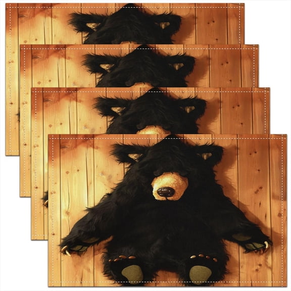 Lodge Cabin Bear Placemats Set of 4 Wood Grain Table Mats Cute Bear Place Mat for Kitchen Dining Table Party Decor Indoor Outdoor 18"x12" Non-Slip Easy to Clean Rustic Cabin Country