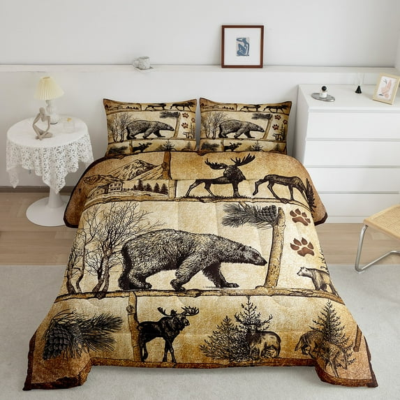 Lodge Cabin Bedding Set Woodland Animals Comforter Set Queen,Wildlife Bear Moose Elk Deer Quilt Farmhouse Cottage Reindeer Duvet Insert,Vintage Pine Trees Rustic Home Decor