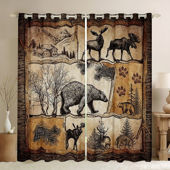 Lodge Cabin Blackout Curtains Woodland Animals Farmhouse Curtains 2 Panels 42"Wx63"L,Bear Moose Elk Deer Curtains & Drapes Retro Cottage Reindeer Pine Trees Rustic Home Decor