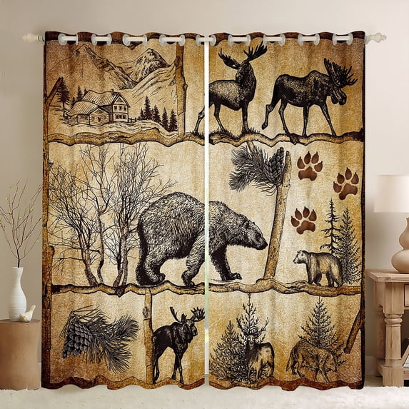 Lodge Cabin Blackout Curtains Woodland Animals Curtains 2 Panels 38"Wx54"L,Bear Moose Elk Deer Curtains & Drapes Farmhouse Cottage Reindeer Retro Pine Trees Rustic Home Decor