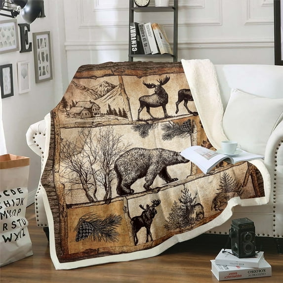 Lodge Cabin Blanket Woodland Animals Farmhouse Throw Blanket 60"x80",Wildlife Bear Moose Elk Deer Fleece Blanket Vintage Cottage Reindeer Blankets,Pine Trees Rustic Home Decor