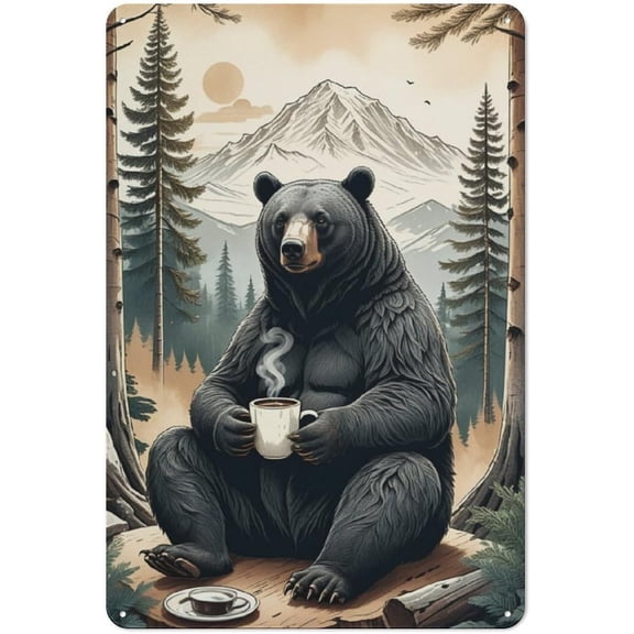 Lodge And Cabin Decor with Wilderness-Themed Coffee Bear Metal Tin Sign,Bring The Outdoors In with Rustic Wall Art Featuring Forests,Wildlife,Mountain Scenes,Coffee Bar Pbu Decor 8x12 inch