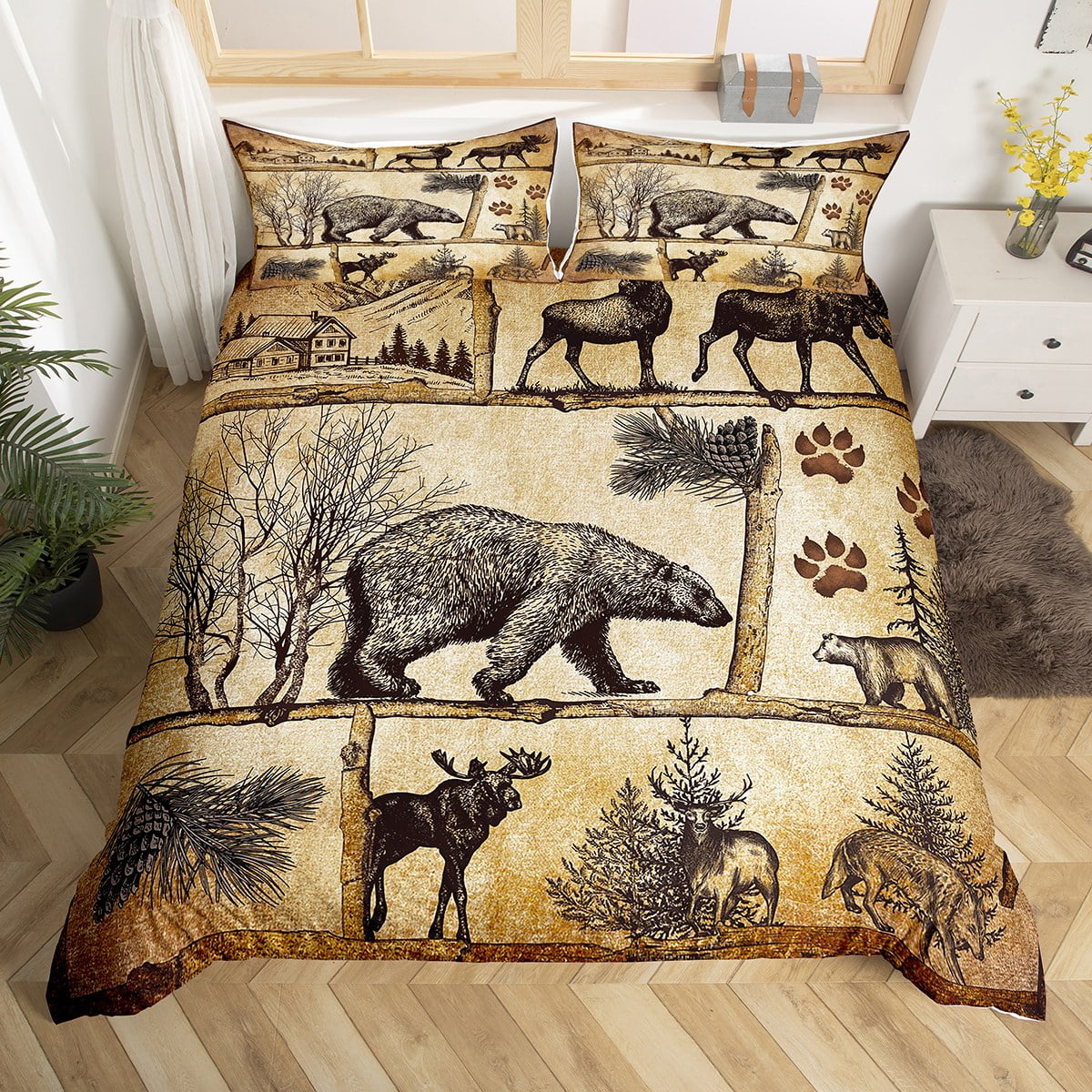 Lodge Cabin Duvet Cover Woodland Animals Bedding Set Queen,Wildlife Bear Moose Elk Deer