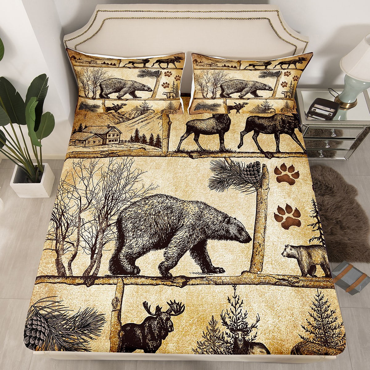 Lodge Cabin Fitted Sheet Woodland Animals Bed Sheets Twin,Wildlife Bear