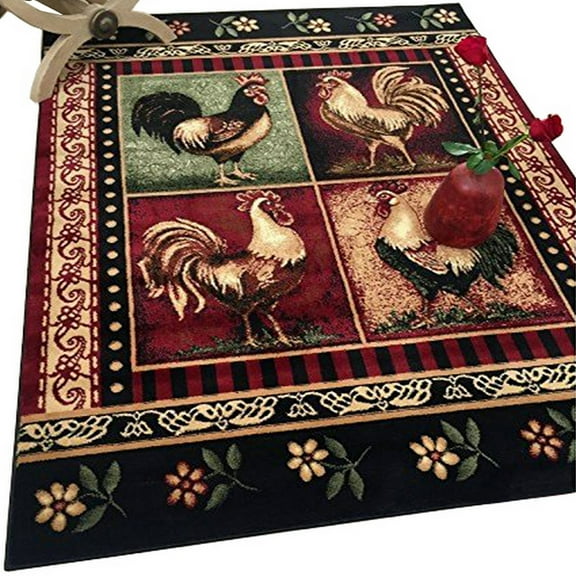 Lodge, Cabin Nature and Animals Area Rug - Geometric Cabin Area Rug - Abstract,Black/Green/Red-Rooster/Flower