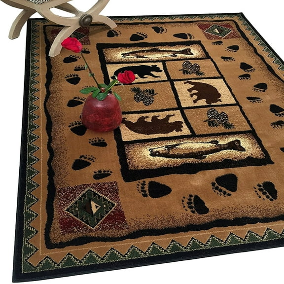 Lodge, Cabin Nature and Animals Area Rug - Geometric Design Cabin Area Rug - Abstract, Brown/Green/Red-Bear/Fish/Footprint