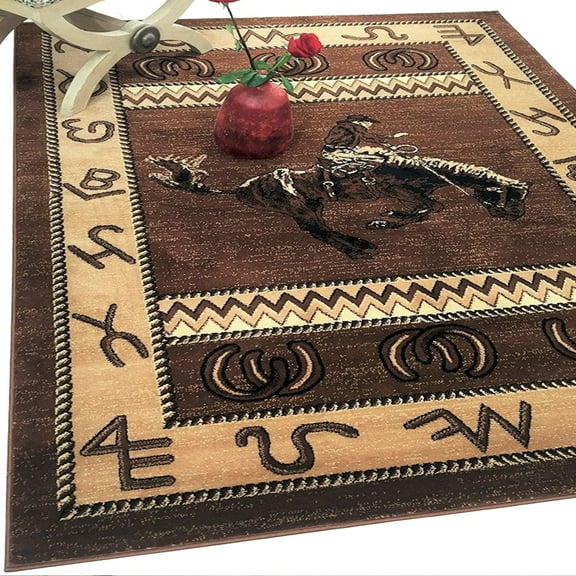 Lodge, Cabin Nature and Animals Area Rug - Geometric Design Cabin Area Rug - Abstract, Chocolate Brown/Beige-Horse Riding