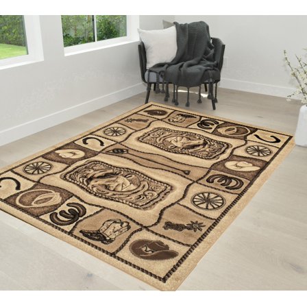 Lodge, Cabin Nature and Animals Area Rug - Geometric Pattern Cabin Area Rug - Abstract, Chocolate/Beige-Horse/Cowboy Boots-Hat/Horseshoe